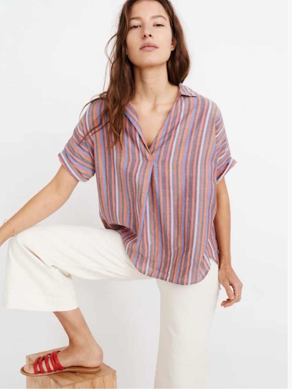 MADEWELL Courier Button-Back Shirt in Rainbow Stripe✨